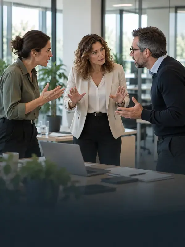 Trois collègues en pleine discussion, aux gestes tendus