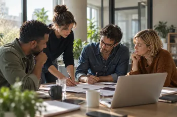 Quatre collègues penchés ensemble sur des documents et un ordinateur portable, en pleine analyse