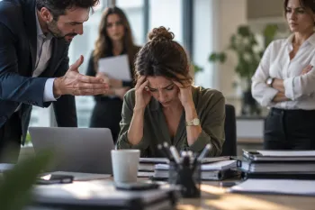Une salariée en difficulté à son bureau, entourée de collègues