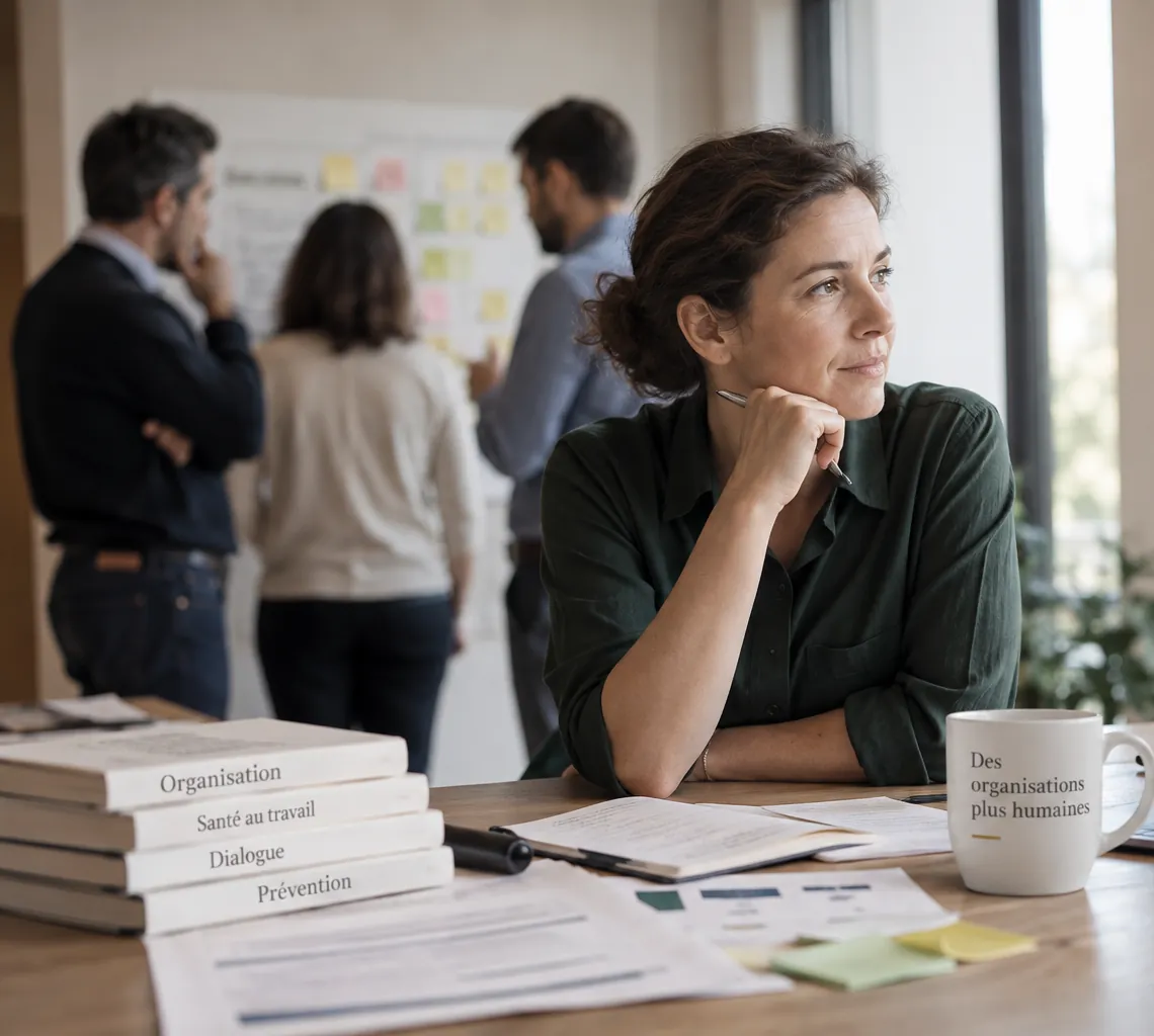 Une intervenante pensive, entourée d'ouvrages sur l'organisation, la santé au travail, le dialogue et la prévention